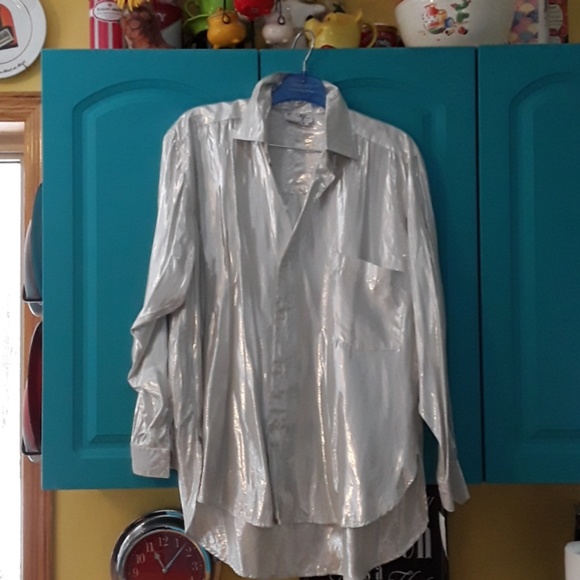 🩶 Vintage 80s Liquid Silver Metallic Blouse Hi Lo Bohemian Gypsy - Picture 2 of 15